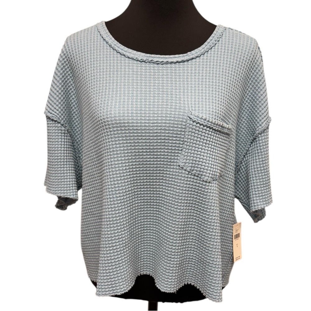 Anthropologie Pilcro Small Light Blue Waffle Knit Oversized Crop Tee NWT - Picture 4 of 11
